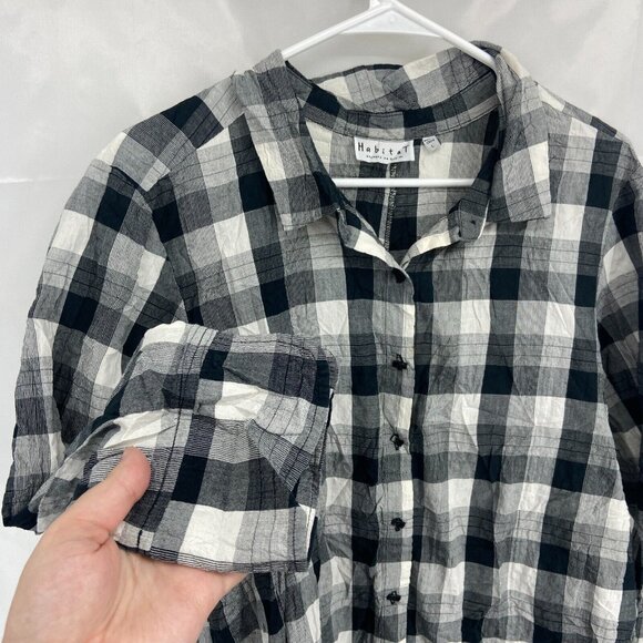 Habitat Women L Tunic Top Button Up Black White Plaid Lightweight Minimalist - Picture 2 of 9